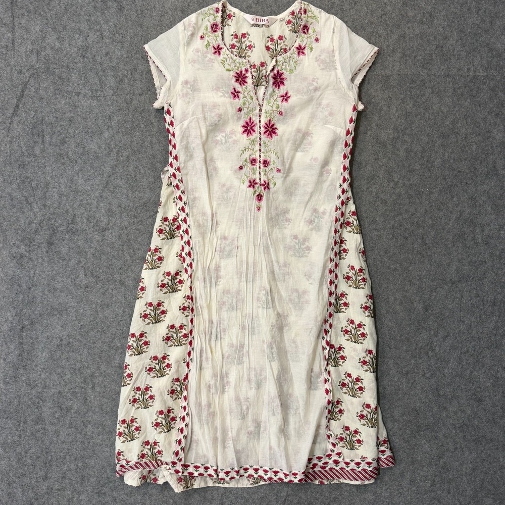 Biba White Floral Embroidered Short Sleeve Kurta Dress Women's Size 34 Medium